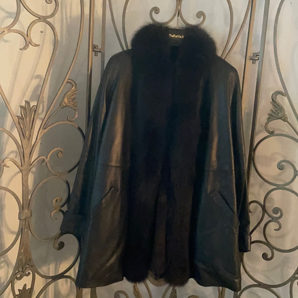 Brown Leather Swing Coat with Mink Trim